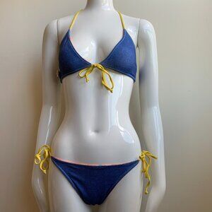 Aaron Chang denim orange floral reversible photo print bikini